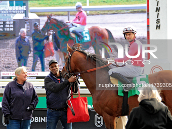 Jockey Sahin Civaci rides War of Destiny and has winner photos taken after a win in the first race at Woodbine Racetrack in Toronto, Canada,...