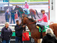 Jockey Sahin Civaci rides War of Destiny and has winner photos taken after a win in the first race at Woodbine Racetrack in Toronto, Canada,...