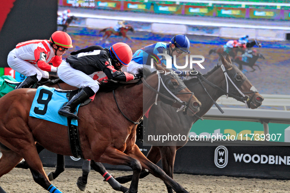 Jockey Juan Crawford rides Lemon Twist (9) to a win in the second race at Woodbine Racetrack in Toronto, Canada, on November 3, 2024. 