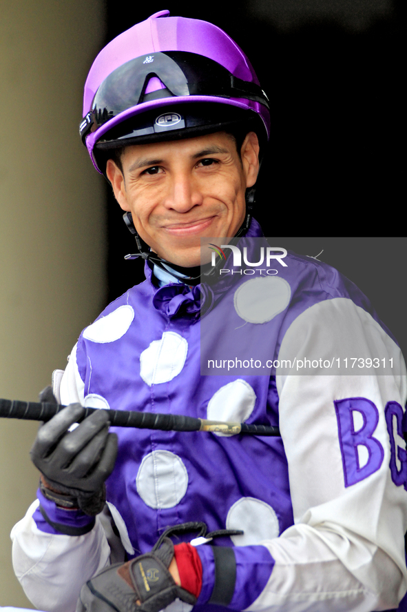 Jockey Jose Campos rides out of the paddock ahead of a race at Woodbine Racetrack in Toronto, Canada, on November 3, 2024. 