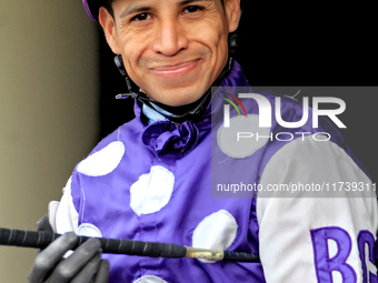 Jockey Jose Campos rides out of the paddock ahead of a race at Woodbine Racetrack in Toronto, Canada, on November 3, 2024. (