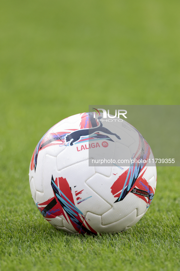 The ball of La Liga is present during the La Liga EA Sports match between Sevilla FC and Real Sociedad at Sanchez Pizjuan in Seville, Spain,...