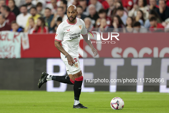 Marcos do Nascimento ''Marcao'' of Sevilla FC controls the ball during the La Liga EA Sports match between Sevilla FC and Real Sociedad at S...