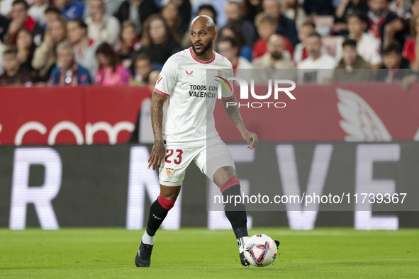 Marcos do Nascimento ''Marcao'' of Sevilla FC controls the ball during the La Liga EA Sports match between Sevilla FC and Real Sociedad at S...