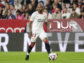 Marcos do Nascimento ''Marcao'' of Sevilla FC controls the ball during the La Liga EA Sports match between Sevilla FC and Real Sociedad at S...