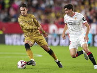 Martin Zubimendi of Real Sociedad controls the ball during the La Liga EA Sports match between Sevilla FC and Real Sociedad at Sanchez Pizju...