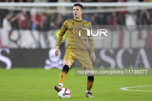 Igor Zubeldia of Real Sociedad controls the ball during the La Liga EA Sports match between Sevilla FC and Real Sociedad at Sanchez Pizjuan...