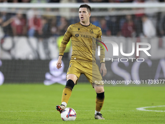 Igor Zubeldia of Real Sociedad controls the ball during the La Liga EA Sports match between Sevilla FC and Real Sociedad at Sanchez Pizjuan...