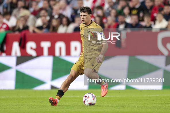 Javi Lopez of Real Sociedad controls the ball during the La Liga EA Sports match between Sevilla FC and Real Sociedad at Sanchez Pizjuan in...