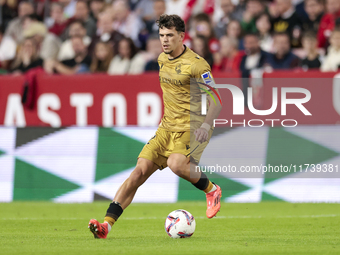 Javi Lopez of Real Sociedad controls the ball during the La Liga EA Sports match between Sevilla FC and Real Sociedad at Sanchez Pizjuan in...