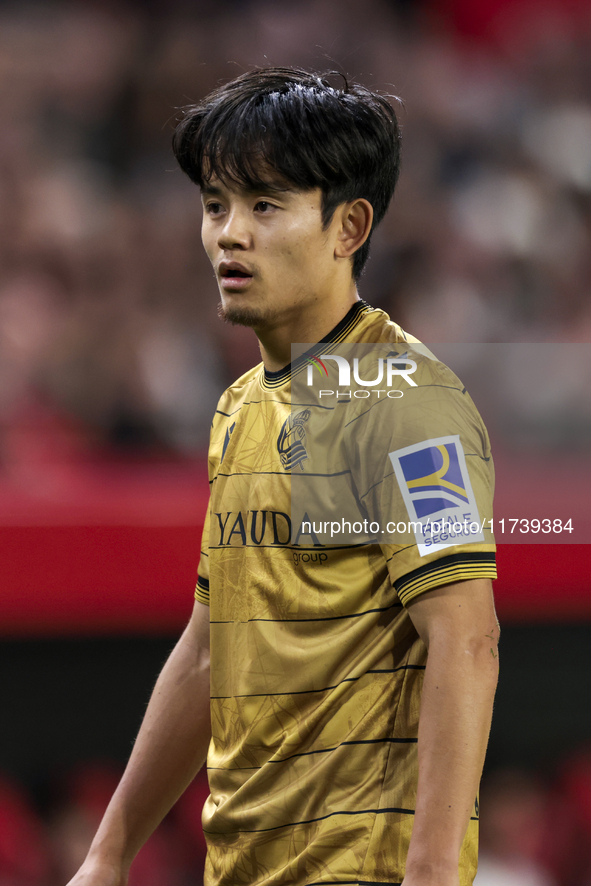 Takefusa Kubo of Real Sociedad participates in the La Liga EA Sports match between Sevilla FC and Real Sociedad at Sanchez Pizjuan in Sevill...