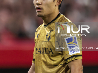 Takefusa Kubo of Real Sociedad participates in the La Liga EA Sports match between Sevilla FC and Real Sociedad at Sanchez Pizjuan in Sevill...