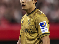 Takefusa Kubo of Real Sociedad participates in the La Liga EA Sports match between Sevilla FC and Real Sociedad at Sanchez Pizjuan in Sevill...