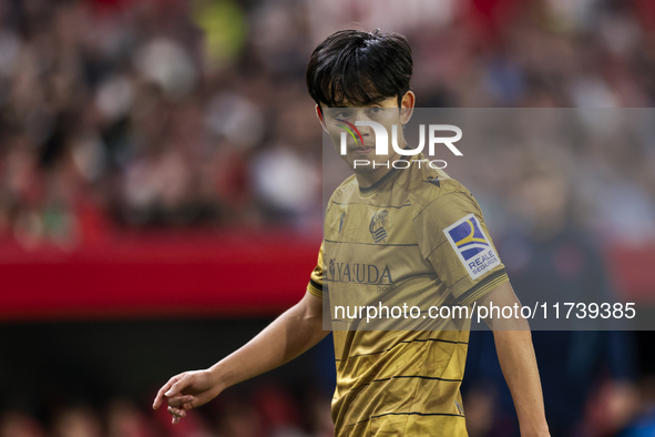 Takefusa Kubo of Real Sociedad participates in the La Liga EA Sports match between Sevilla FC and Real Sociedad at Sanchez Pizjuan in Sevill...