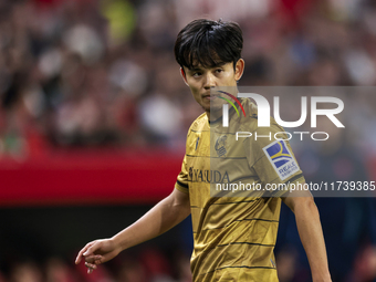 Takefusa Kubo of Real Sociedad participates in the La Liga EA Sports match between Sevilla FC and Real Sociedad at Sanchez Pizjuan in Sevill...