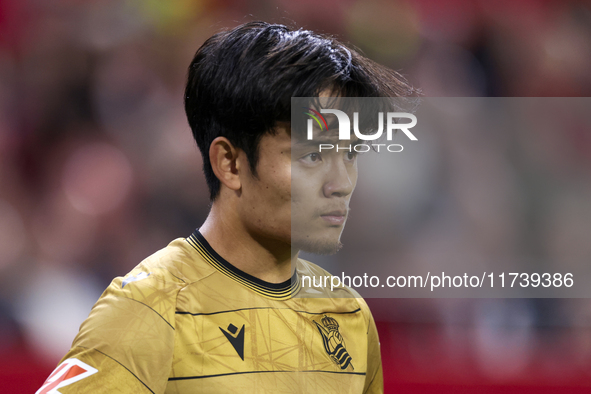 Takefusa Kubo of Real Sociedad participates in the La Liga EA Sports match between Sevilla FC and Real Sociedad at Sanchez Pizjuan in Sevill...