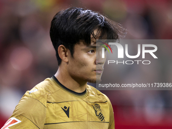 Takefusa Kubo of Real Sociedad participates in the La Liga EA Sports match between Sevilla FC and Real Sociedad at Sanchez Pizjuan in Sevill...