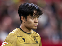 Takefusa Kubo of Real Sociedad participates in the La Liga EA Sports match between Sevilla FC and Real Sociedad at Sanchez Pizjuan in Sevill...