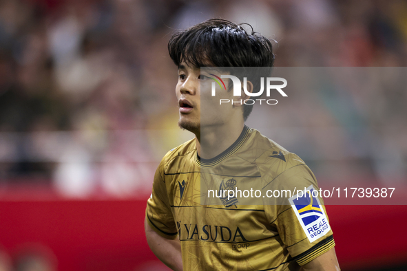 Takefusa Kubo of Real Sociedad participates in the La Liga EA Sports match between Sevilla FC and Real Sociedad at Sanchez Pizjuan in Sevill...