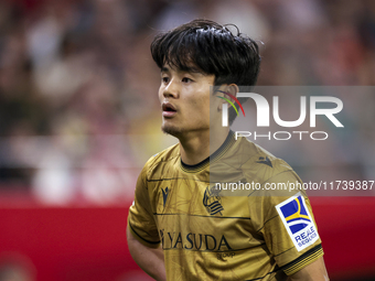 Takefusa Kubo of Real Sociedad participates in the La Liga EA Sports match between Sevilla FC and Real Sociedad at Sanchez Pizjuan in Sevill...