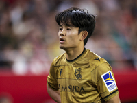 Takefusa Kubo of Real Sociedad participates in the La Liga EA Sports match between Sevilla FC and Real Sociedad at Sanchez Pizjuan in Sevill...