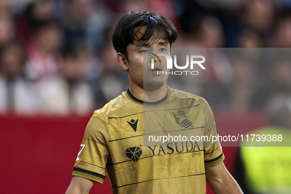 Takefusa Kubo of Real Sociedad participates in the La Liga EA Sports match between Sevilla FC and Real Sociedad at Sanchez Pizjuan in Sevill...