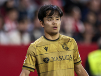 Takefusa Kubo of Real Sociedad participates in the La Liga EA Sports match between Sevilla FC and Real Sociedad at Sanchez Pizjuan in Sevill...