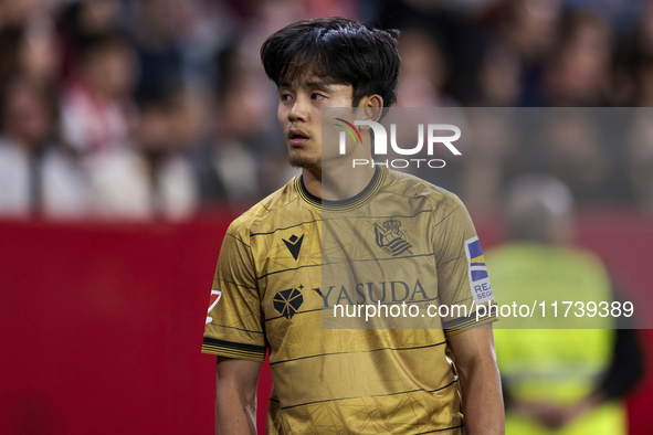 Takefusa Kubo of Real Sociedad participates in the La Liga EA Sports match between Sevilla FC and Real Sociedad at Sanchez Pizjuan in Sevill...