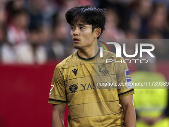 Takefusa Kubo of Real Sociedad participates in the La Liga EA Sports match between Sevilla FC and Real Sociedad at Sanchez Pizjuan in Sevill...