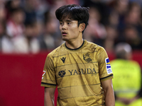 Takefusa Kubo of Real Sociedad participates in the La Liga EA Sports match between Sevilla FC and Real Sociedad at Sanchez Pizjuan in Sevill...