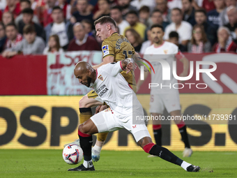 Marcos do Nascimento ''Marcao'' of Sevilla FC battles for the ball during the La Liga EA Sports match between Sevilla FC and Real Sociedad a...