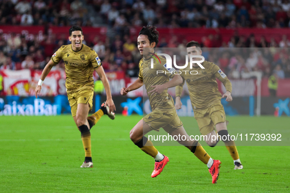 Takefusa Kubo of Real Sociedad celebrates a goal during the La Liga EA Sports match between Sevilla FC and Real Sociedad at Sanchez Pizjuan...