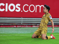 Takefusa Kubo of Real Sociedad celebrates a goal during the La Liga EA Sports match between Sevilla FC and Real Sociedad at Sanchez Pizjuan...