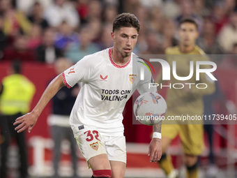 Jose Angel Carmona of Sevilla FC controls the ball during the La Liga EA Sports match between Sevilla FC and Real Sociedad at Sanchez Pizjua...