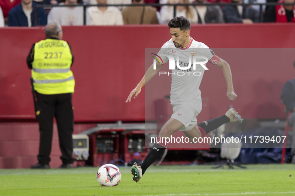 Jesus Navas of Sevilla FC makes a center to the area during the La Liga EA Sports match between Sevilla FC and Real Sociedad at Sanchez Pizj...