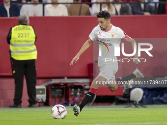 Jesus Navas of Sevilla FC makes a center to the area during the La Liga EA Sports match between Sevilla FC and Real Sociedad at Sanchez Pizj...