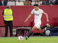 Jesus Navas of Sevilla FC makes a center to the area during the La Liga EA Sports match between Sevilla FC and Real Sociedad at Sanchez Pizj...