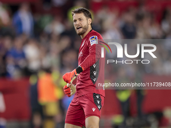 Alex Remiro of Real Sociedad celebrates a goal during the La Liga EA Sports match between Sevilla FC and Real Sociedad at Sanchez Pizjuan in...