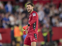 Alex Remiro of Real Sociedad celebrates a goal during the La Liga EA Sports match between Sevilla FC and Real Sociedad at Sanchez Pizjuan in...