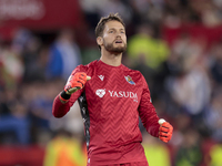 Alex Remiro of Real Sociedad celebrates a goal during the La Liga EA Sports match between Sevilla FC and Real Sociedad at Sanchez Pizjuan in...