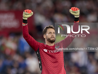 Alex Remiro of Real Sociedad celebrates a goal during the La Liga EA Sports match between Sevilla FC and Real Sociedad at Sanchez Pizjuan in...