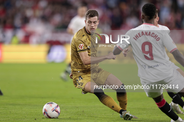 Luka Sucic of Real Sociedad controls the ball during the La Liga EA Sports match between Sevilla FC and Real Sociedad at Sanchez Pizjuan in...