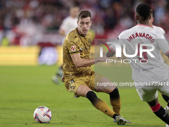 Luka Sucic of Real Sociedad controls the ball during the La Liga EA Sports match between Sevilla FC and Real Sociedad at Sanchez Pizjuan in...