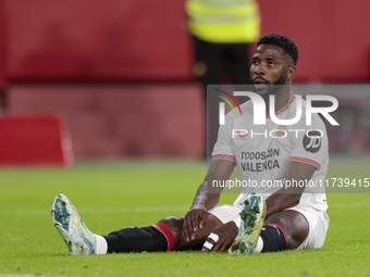 Kelechi Iheanacho of Sevilla FC reacts to a missed opportunity during the La Liga EA Sports match between Sevilla FC and Real Sociedad at Sa...