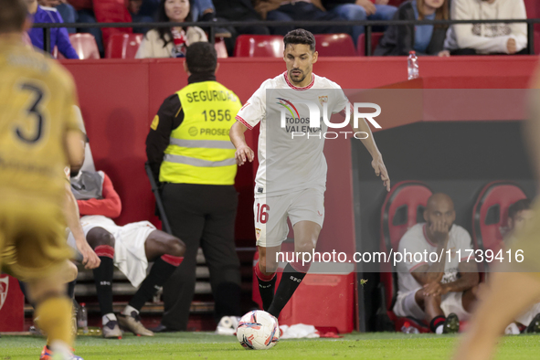 Jesus Navas of Sevilla FC runs with the ball during the La Liga EA Sports match between Sevilla FC and Real Sociedad at Sanchez Pizjuan in S...