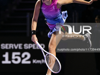 RIYADH, SAUDI ARABIA - NOVEMBER 03: Iga Swiatek of Poland during her match against Barbora Krejcikovas of Czech Republic on day 2 of the 202...