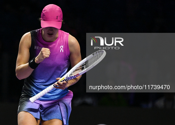 RIYADH, SAUDI ARABIA - NOVEMBER 03: Iga Swiatek of Poland during her match against Barbora Krejcikovas of Czech Republic on day 2 of the 202...