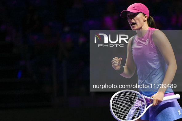 RIYADH, SAUDI ARABIA - NOVEMBER 03: Iga Swiatek of Poland during her match against Barbora Krejcikovas of Czech Republic on day 2 of the 202...