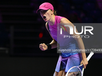 RIYADH, SAUDI ARABIA - NOVEMBER 03: Iga Swiatek of Poland during her match against Barbora Krejcikovas of Czech Republic on day 2 of the 202...