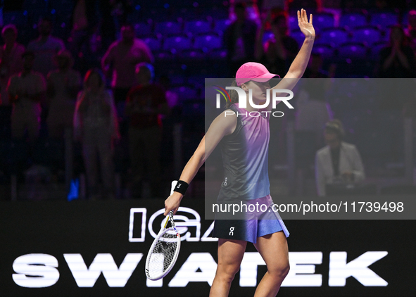 RIYADH, SAUDI ARABIA - NOVEMBER 03: Iga Swiatek of Poland after winning her opening match against Barbora Krejcikova of the Czech Republic o...